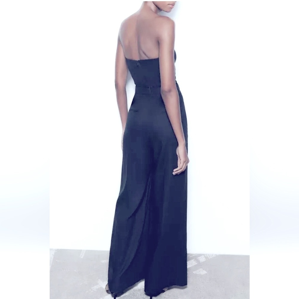 Zara Strapless Linen Blend Jumpsuit Straight Neck Wide Leg Navy 
Size‎ Large - Picture 6 of 8